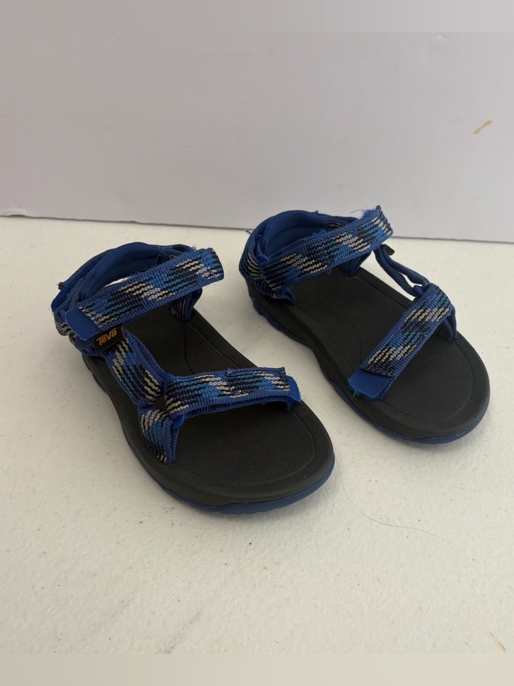 Teva Baby Size 7 Blue/Black Striped Strappy Sandals Hook & Loop Adjustable